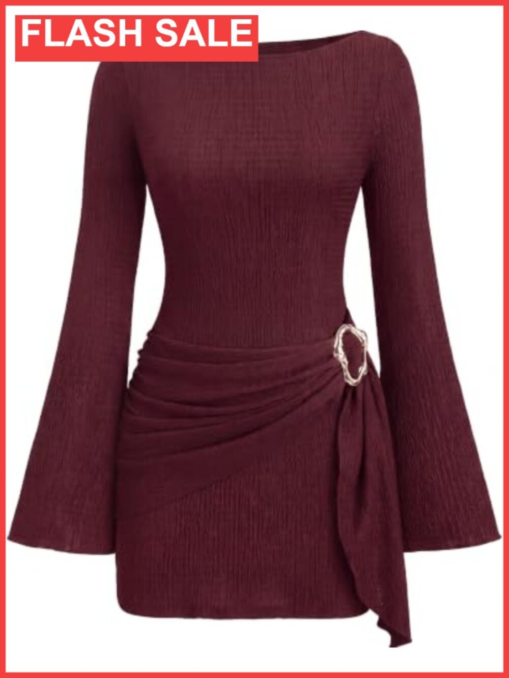 Women Long Sleeve Mini Dress Tie Waist Bodycon Lantern Sleeve Party